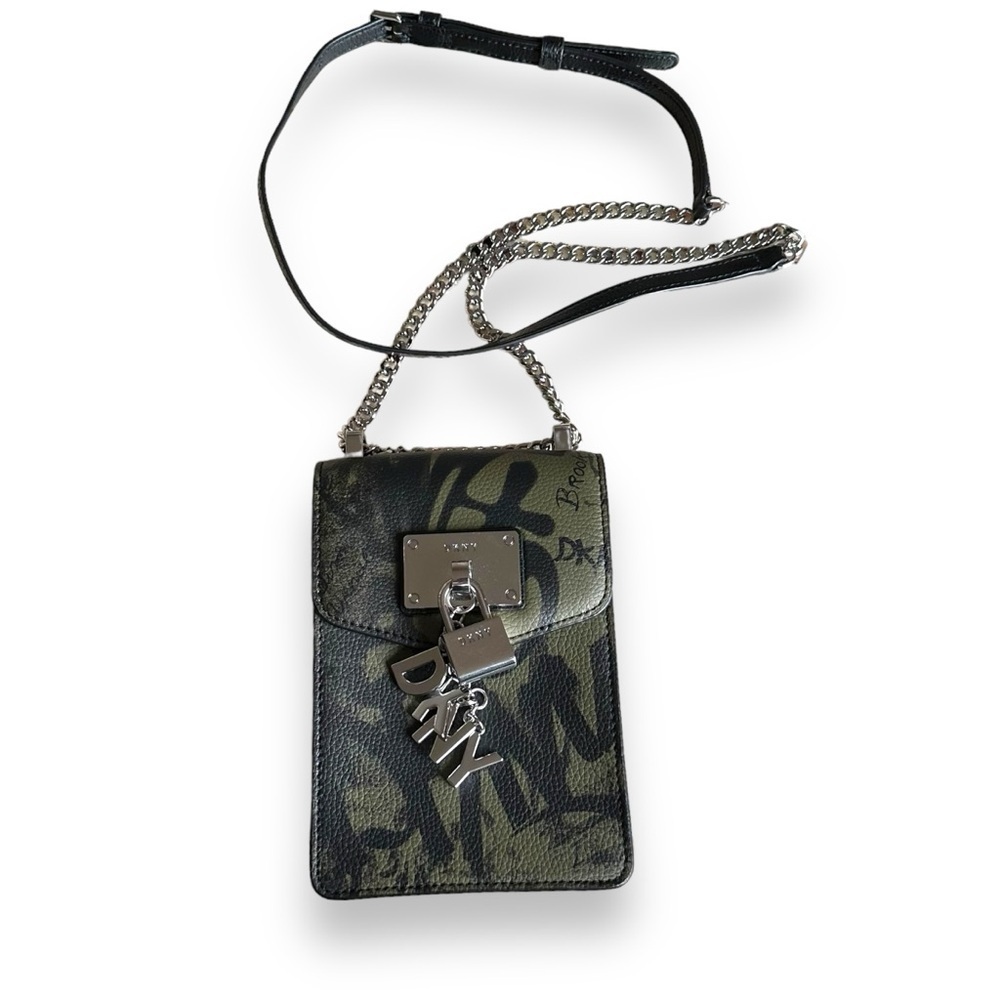DKNY Elissa Grafitti Logo North South Green/ Black Leather Crossbody